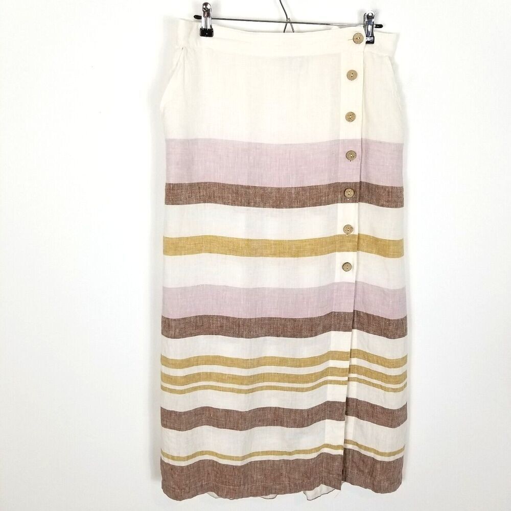 Rachel Zoe Women Striped‎ Linen Midi Skirt Size L Beige Organic Lagenlook Beach